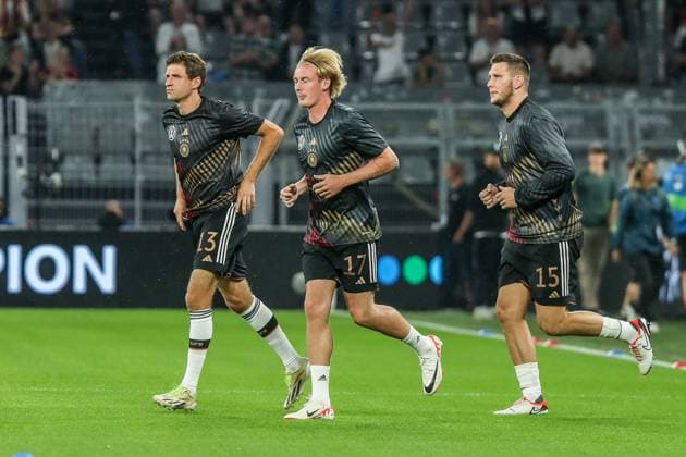 Sports, football, national team season 2023 2024 friendly international match Germany France 12 09 2023, SIGNAL IDUNA PARK Dortmund Thomas Müller Germany, 13 Julian Brandt Germany, 17 Niklas Süle Germany, 15 Dortmund Signal Iduna Park Nordrhein Westfahlen Germany