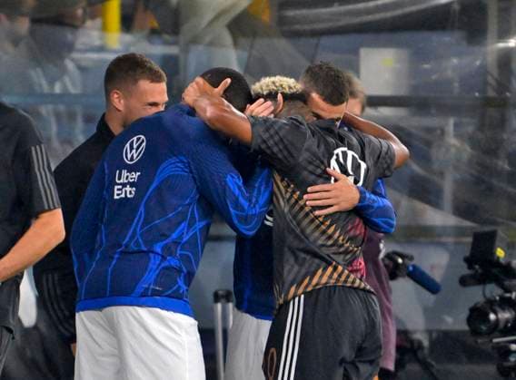 12 09 2023, football national teams friendlies 2023, international match, Germany France, at Signal Iduna Park stadium Dortmund, f l Josua Kimmich Germany , Dayot Upamecano France , Serge Gnabry Germany and Lukas Hernandez France hug each other