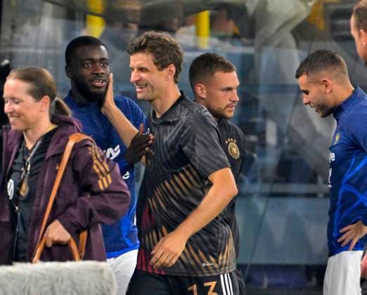 12 09 2023, national football teams friendlies 2023, international match, Germany France, at Signal Iduna Park stadium Dortmund, f l Dayot Upamecano France and Thomas Müller Germany , Josua Kimmich Germany and Lukas Hernandez France
