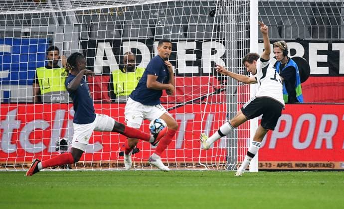 Football, Men, Germany, National Team, International Match, Signal Iduna Park Dortmund Germany France Thomas Müller GER scores the goal to 1 0 against William Saliba FRA and Eduardo Camavinga FRA Action DFB REGULATES PROHIBIT ANY USE OF PHOTOGRAPHS AS IMAGE SEQUENCES AND OR QUASI VIDEO
