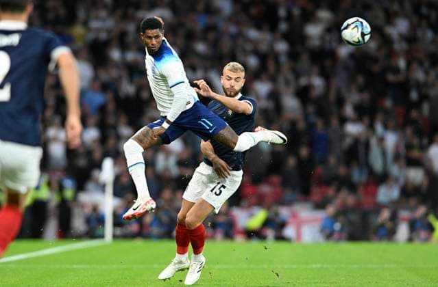 Glasgow, Scotland, 12th September 2023. Marcus Rashford of England and Ryan Porteous of Scotland during the International Friendly, Länderspiel, Nationalmannschaft match at Hampden Park, Glasgow. Picture credit should read: Neil Hanna Sportimage EDITORIAL USE ONLY. No use with unauthorised audio, video, data, fixture lists, club league logos or live services. Online in-match use limited to 120 images, no video emulation. No use in betting, games or single club league player publications. SPI-2563-0025
