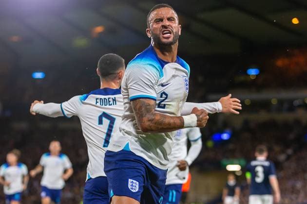 Scotland v England Friendly 150th Anniversary Match GOAL! 0-1 Kyle Walker of England celebrates in front of the home support during the 150th Anniversary Heritage Match match between Scotland and England at The National Stadium, Hampden Park, Glasgow, 12 09 2023 Editorial use only , Copyright: xColinxPoultneyx PSI-17986-0006