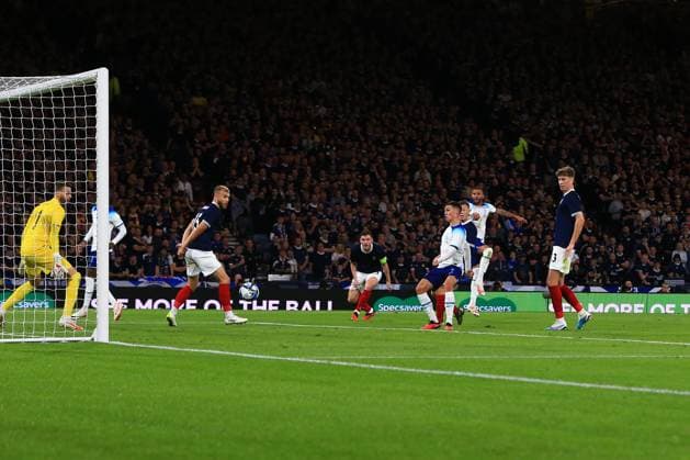 12th September 2023; Hampden Park, Glasgow, Scotland: International Football Friendly, Scotland versus England; Phil Foden of England shoots and scores the opening goal of the match for 1-0 in the 32nd minute  ActionPlus12552957 DavidxYoung