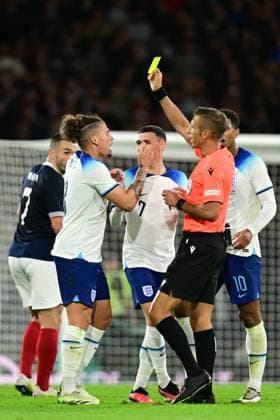 Scotland v England - 150th Anniversary Heritage Match Davide Massa, Referee books Kalvin Phillips of England during the 150th Anniversary Heritage Match between Scotland and England at Hampden Park on September 12, 2023 in Glasgow Scotland. Glasgow Hampden Park Glasgow Scotland Copyright: xGreigxCowie Sportsphoto APLx 13954350