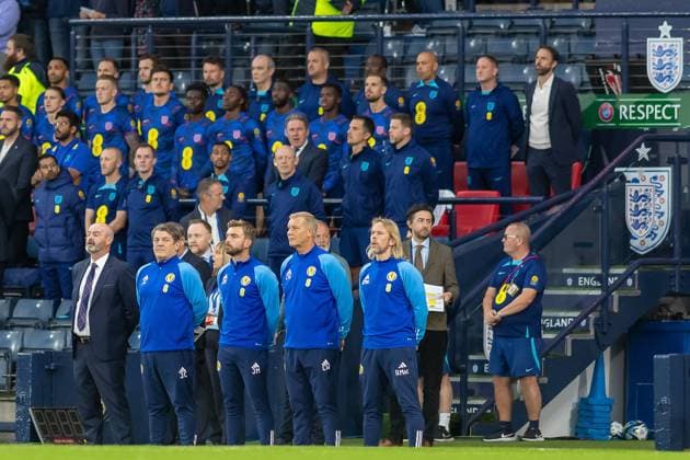 Scotland v England Friendly 150th Anniversary Match Scotland national team, Nationalteam Manager, Steve Clarke and his backroom staff stand on the touch line for the singing of the national anthem during the 150th Anniversary Heritage Match match between Scotland and England at The National Stadium, Hampden Park, Glasgow, 12 09 2023 Editorial use only , Copyright: xColinxPoultneyx PSI-17986-0037