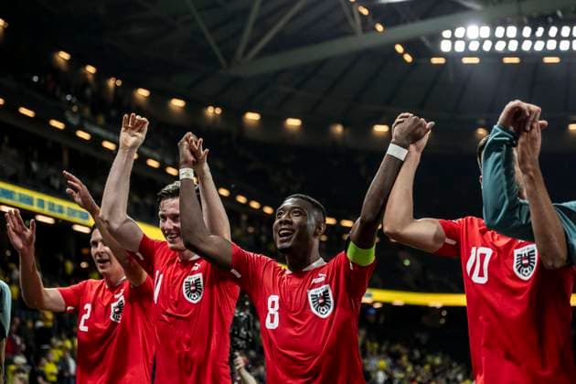 230912 David Alaba of Austria celebrates after the UEFA Euro Qualifier football match between Sweden and Austria on September 12, 2023 in Stockholm Photo Maxim ThorÃ BILDBYRAN code MT JM0531 bbeng fotboll football soccer fotball em kval kval uefa euro qualifier sverige sweden sverige a österrike austria jubel  Copyright: MAXIMxTHORE BB230912MT160