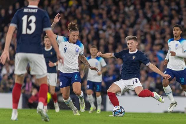 Scotland v England Friendly 150th Anniversary Match Kalvin Phillips of England shuts down Billy Gilmour of Scotland during the 150th Anniversary Heritage Match match between Scotland and England at The National Stadium, Hampden Park, Glasgow, 12 09 2023 Editorial use only , Copyright: xColinxPoultneyx PSI-17986-0048