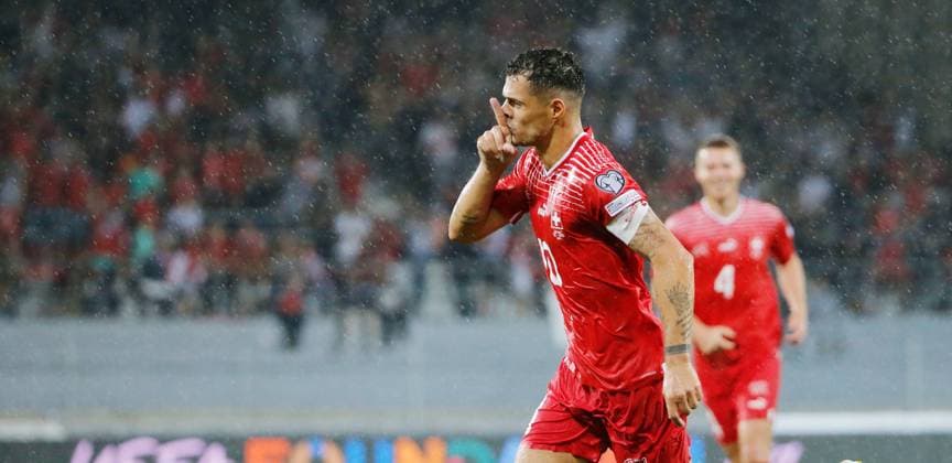 Photo Manuel Geisser 12 09 2023 Stade de Tourbillon Sion , SWITZERLAND, season 2023 2024 football European Championship qualification Switzerland Andorra goal celebration Granit Xhaka Switzerland after scoring 2 0