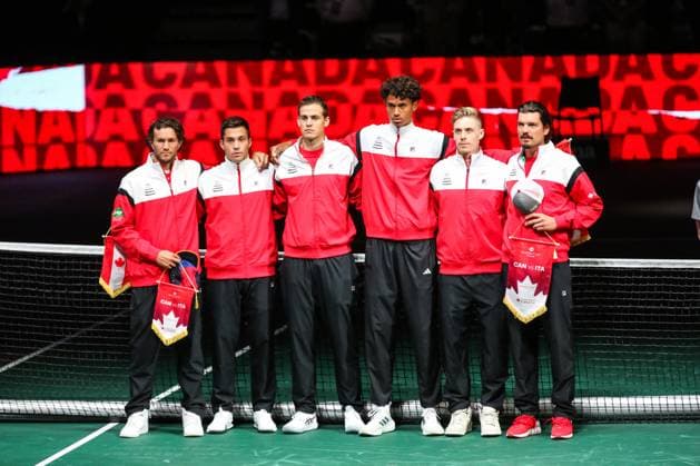BOLOGNA, ITALY SEPTEMBER 13 Canada squad as they line up for the National Anthems during Davis Cup Finals Group Stage Bologna Day 2 at Unipol Arena on September 13, 2023 in Bologna, Italy Bologna Unipol Arena Italy Copyright: xJustPictures.ch EurasiaxSportxImagesx jp-en-EuSpIm-1R3C4533
