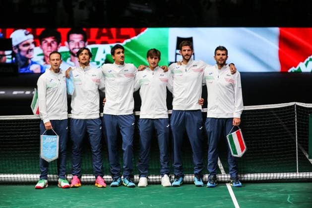BOLOGNA, ITALY SEPTEMBER 13 Italy squad as they line up for the National Anthems during Davis Cup Finals Group Stage Bologna Day 2 at Unipol Arena on September 13, 2023 in Bologna, Italy Bologna Unipol Arena Italy Copyright: xJustPictures.ch EurasiaxSportxImagesx jp-en-EuSpIm-1R3C4550