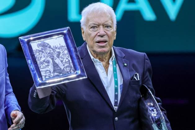 Nicola Pietrangeli italian tennis player celebrates his ninetieth birthday at Davis Cup 2023 Group A at the Unipol Arena in Bologna on 12 09 23  Copyright: xFabioxPatamia IPAxSportx xipa-agx xx 0 IPA_IPA40269606