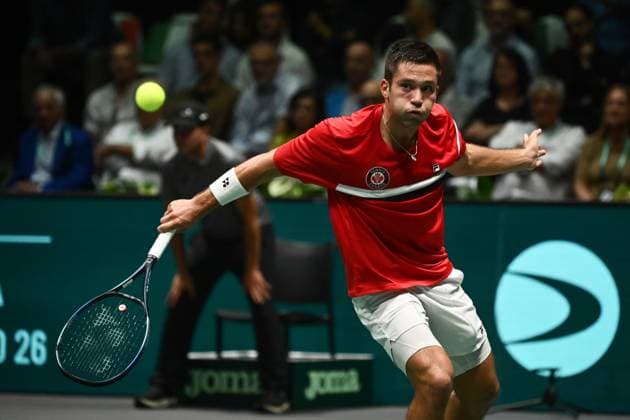 Foto Massimo Paolone LaPresse 13 Settembre 2023 - Bologna, Italia - tennis - Canada vs Italia - Alexis Galarneau (CAN) v Lorenzo Sonego (ITA) - Coppa Davis 2023 - Unipol Arena. Nella foto: Alexis Galarneau September 13, 2023 Bologna, Italy - sport, tennis - Canada vs Italy - Alexis Galarneau (CAN) v Lorenzo Sonego (ITA) - Davis Cup 2023 - Unipol Arena. In the pic: Alexis Galarneau  Copyright: xMassimoxPaolone LaPressex
