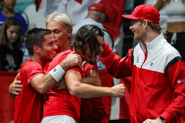 Canada national team, Nationalteam celebrates after winning the match at Davis Cup 2023 Group A match between at the Unipol Arena in Bologna on 13 09 23  Copyright: xFabioxPatamia IPAxSportx xipa-agx xx 0 IPA_IPA40272751