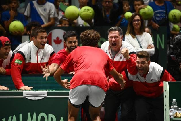 Foto Massimo Paolone LaPresse 13 Settembre 2023 - Bologna, Italia - tennis - Canada vs Italia - Gabriel Diallo (CAN) v Lorenzo Musetti (ITA) - Coppa Davis 2023 - Unipol Arena. Nella foto: Gabriel Diallo esulta per la vittoria September 13, 2023 Bologna, Italy - sport, tennis - Canada vs Italy - Gabriel Diallo (CAN) v Lorenzo Musetti (ITA) - Davis Cup 2023 - Unipol Arena. In the pic: Gabriel Diallo celebrates for the victory  Copyright: xMassimoxPaolone LaPressex
