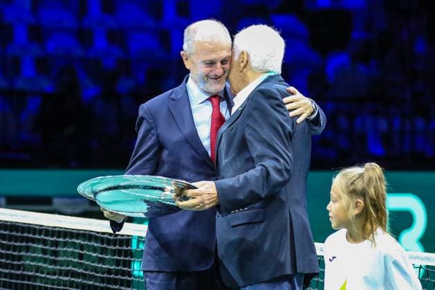 BOLOGNA, ITALY SEPTEMBER 13 Nicola Pietrangeli R with Angelo Binaghi during L Davis Cup Finals Group Stage Bologna Day 2 at Unipol Arena on September 13, 2023 in Bologna, Italy Bologna Unipol Arena Italy Copyright: xJustPictures.ch EurasiaxSportxImagesx jp-en-EuSpIm-1R3C4426 20230913