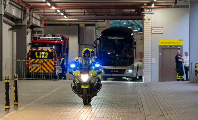 12 09 2023, football national teams friendlies 2023, international match, Germany France, at Signal Iduna Park stadium Dortmund, The team bus of the German players arrives at the stadium, escorted by two police motorcycles