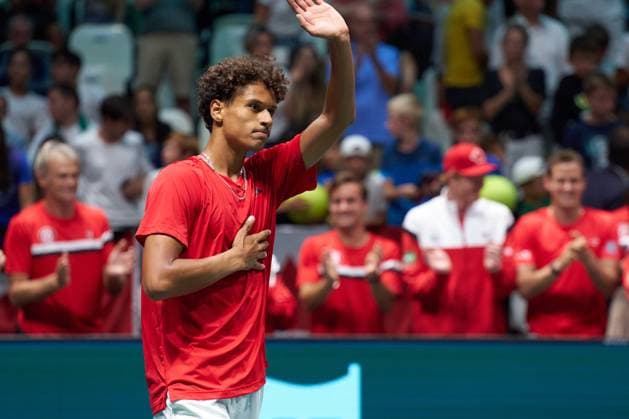 Gabriel Diallo of Canada celebrates after his win against Lorenzo Musetti of Italy during the Davis Cup Group Stage 2023 Bologna match between Italy and Canada at Unipol Arena on September 13, 2023 in Bologna, Italy. (Photo by Camilla Stolen Imago) Bologna ITALY Copyright: xCamillaxStolenx L1370228