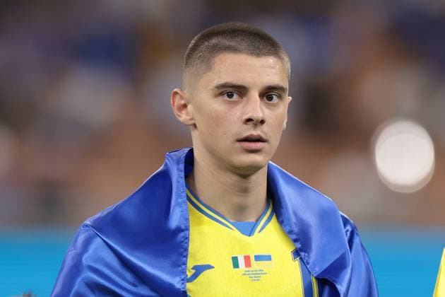 Milan, Italy, 12th September 2023. Vitaliy Mykolenko of Ukraine during the line up prior to the UEFA EURO, EM, Europameisterschaft,Fussball 2024 match at Stadio Giuseppe Meazza, Milan. Picture credit should read: Jonathan Moscrop Sportimage EDITORIAL USE ONLY. No use with unauthorised audio, video, data, fixture lists, club league logos or live services. Online in-match use limited to 120 images, no video emulation. No use in betting, games or single club league player publications. SPI-2559-0154