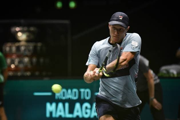 Foto Massimo Paolone LaPresse 14 Settembre 2023 - Bologna, Italia - tennis - Canada vs Svezia - Vasek Pospisil (CAN) v Leo Borg (SWE) - Coppa Davis 2023 - Unipol Arena. Nella foto: Leo Borg in azione September 14, 2023 Bologna, Italy - sport, tennis - Canada vs Sweden - Vasek Pospisil (CAN) v Leo Borg (SWE) - Davis Cup 2023 - Unipol Arena. In the pic: Leo Borg in action  Copyright: xMassimoxPaolone LaPressex