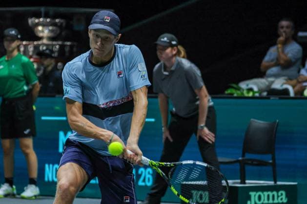 International Tennis match - Davis Cup - Canada vs Sweden Leo Borg (SWE) hits the ball with his backhand during Davis Cup 2023 Group A match between Vasek Pospisil (CAN)at the Unipol Arena in Bologna on 14 09 23 Bologna Italy  Copyright: xIPAxSport ABACAx BRIPASport20230914_110 IPAxSport ABACAx BRIPASport20230914_110