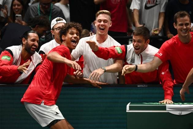 Foto Massimo Paolone LaPresse 14 Settembre 2023 - Bologna, Italia - tennis - Canada vs Svezia - Gabriel Diallo (CAN) v Elias Ymer (SWE) - Coppa Davis 2023 - Unipol Arena. Nella foto: Gabriel Diallo esulta per la vittoria September 14, 2023 Bologna, Italy - sport, tennis - Canada vs Sweden - Gabriel Diallo (CAN) v Elias Ymer (SWE) - Davis Cup 2023 - Unipol Arena. In the pic: Gabriel Diallo celebrates for the victory  Copyright: xMassimoxPaolone LaPressex