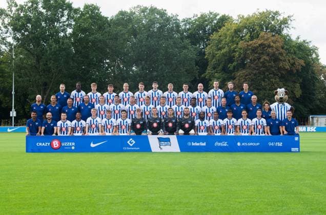 Hertha BSC 2 Bundesliga, portrait date 2023 2024, team photo, hi row v li game analyst Etienne Dzwonkowsky Hertha BSC , Kelian Nsona Hertha BSC , Veit Stange Hertha BSC , Fabian Reese Hertha BSC , Marc Oliver Kempf Hertha BSC , Linus Gechter Hertha BSC , Agustin Rogel Hertha BSC , Marton Dardai Hertha BSC , Smail Prevljak Hertha BSC , Toni Leistner Hertha BSC , Haris Tabakovic Hertha BSC , Athletic Trainer Hendrik Vieth Hertha BSC , Athletic trainer Henrik Kuchno Hertha BSC mi row from left Game analyst Gabor Ruhr Hertha BSC , Co coach Tamas Bodog Hertha BSC , Coach Pal Dardai Hertha BSC , Goalkeeper coach Andreas Menger Hertha BSC , Bence Dardai Hertha BSC , Andreas Bouchalakis Hertha BSC , Pascal Klemens Hertha BSC , Derry Scherhant Hertha BSC , Florian Niederlechner Hertha BSC , Marten Winkler Hertha BSC , Anderson Lucoqui Hertha BSC , Palko Dardai Hertha BSC , physiotherapist Jürgen Lange Hertha BSC , physiotherapist Frederick Syna Hertha BSC , witness Hendrik Herzog Hertha BSC , physiotherapist Anne Kaube Hertha BSC , Mascot Herthinho Hertha BSC front row v l Team manager Sami Allagui Hertha BSC , Co coach Admir Hamzagic Hertha BSC , Jonjoe Kenny Hertha BSC , Jeremy Dudziak Hertha BSC , Tony Rölke Hertha BSC , Gustav Christensen Hertha BSC , Ibrahim Maza Hertha BSC , goalkeeper Tim Goller Hertha BSC , goalkeeper Tjark Ernst Hertha BSC , goalkeeper Robert Kwasigroch Hertha BSC , goalkeeper Philip Sprint Hertha BSC , Deyovaisio Zeefuik Hertha BSC , Bilal Hussein Hertha BSC , Eliyas Strasner Hertha BSC , Michal Karbownik Hertha BSC , Peter Pekarik Hertha BSC , Witness Robert Ambramczyk Hertha BSC , Team Manager Maximilian Fürst Hertha BSC 14 09 2023, Copyright: xSebastianxRäppold MatthiasxKochx
