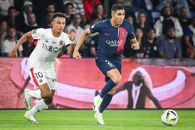 September 15, 2023, Paris, France, France: Sofiane DIOP of Nice and Achraf HAKIMI of PSG during the Ligue 1 match between Paris Saint-Germain (PSG) and OGC Nice at Parc des Princes Stadium on September 15, 2023 in Paris, France. Paris France - ZUMAm308 20230915_zsp_m308_001 Copyright: xMatthieuxMirvillex