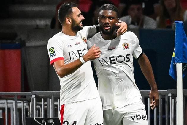 September 15, 2023, Paris, France, France: Terem MOFFI of Nice celebrate his goal with Gaetan LABORDE of Nice during the Ligue 1 match between Paris Saint-Germain (PSG) and OGC Nice at Parc des Princes Stadium on September 15, 2023 in Paris, France. Paris France - ZUMAm308 20230915_zsp_m308_002 Copyright: xMatthieuxMirvillex