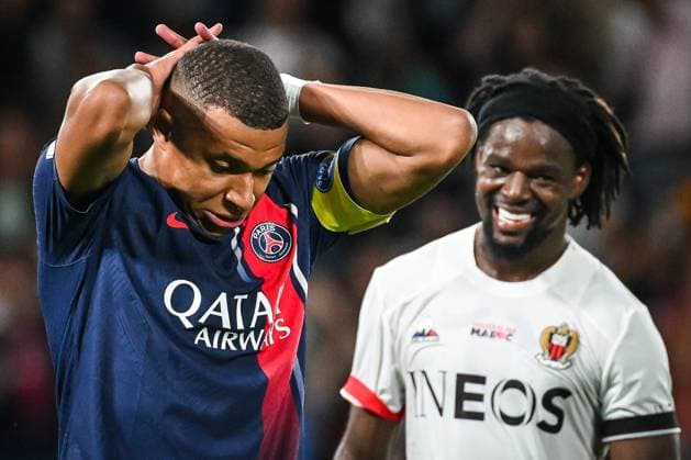 September 15, 2023, Paris, France, France: Kylian MBAPPE of PSG looks dejected and Jordan LOTOMBA of Nice during the Ligue 1 match between Paris Saint-Germain (PSG) and OGC Nice at Parc des Princes Stadium on September 15, 2023 in Paris, France. Paris France - ZUMAm308 20230915_zsp_m308_011 Copyright: xMatthieuxMirvillex
