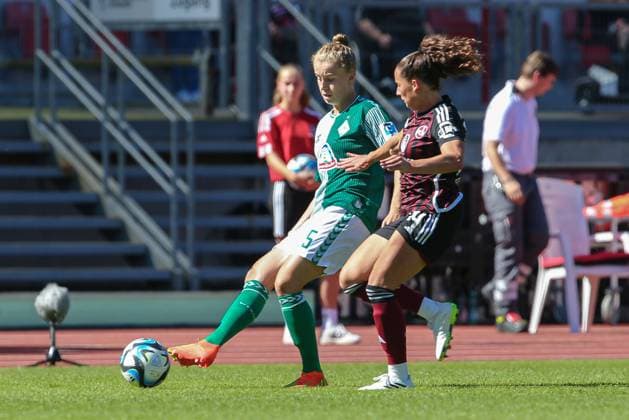 f l Michelle Ulbrich SV Werder Bremen, 5 and Elena Mühlemann 1 FC Nürnberg, 14 in duel, duel, dynamic, action, game scene, THE DFB REGULATIONS PROHIBIT ANY USE OF PHOTOGRAPHS AS IMAGE SEQUENCES AND OR QUASI VIDEO , 16 09 2023, Nuremberg Germany , Football, Google Pixel Womens Bundesliga, 1 FC Nürnberg SV Werder Bremen xobx