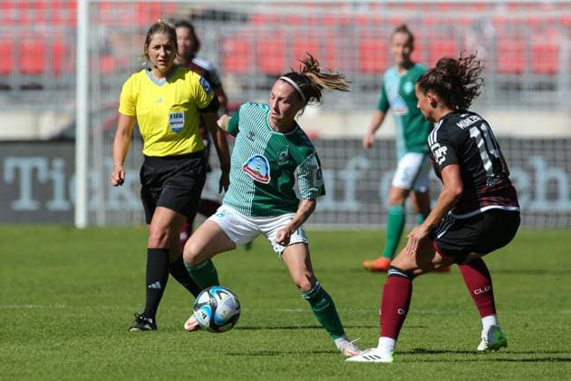 f l Lisa Josten SV Werder Bremen, 7 and Elena Mühlemann 1 FC Nürnberg, 14 in duel, duel, dynamic, action, game scene, THE DFB DIRECTIVES PROHIBIT ANY USE OF PHOTOGRAPHS AS IMAGE SEQUENCES AND OR QUASI VIDEO , 16 09 2023, Nuremberg Germany , Football, Google Pixel Womens Bundesliga, 1 FC Nürnberg SV Werder Bremen xobx