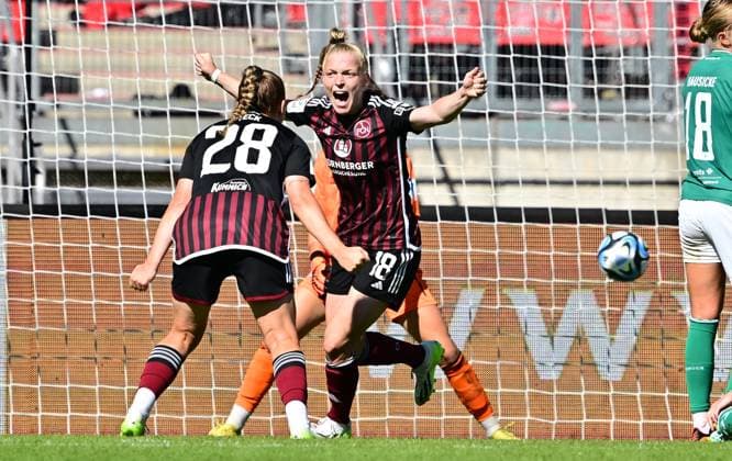 16 09 2023 football season 2023 2024 1 women football Bundesliga 01 matchday 1 FC Nürnberg FCN club SV Werder Bremen SVW sports photo zinc xwoxzix goal celebration joy after goal goal shot to 1 0 by Franziska Mai 18, 1 FC Nürnberg FCN Madeleine Steck 28, 1 FC Nürnberg FCN Franziska Mai 18, 1 FC Nürnberg FCN