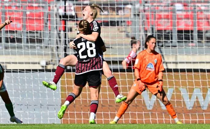 16 09 2023 football season 2023 2024 1 women football Bundesliga 01 matchday 1 FC Nürnberg FCN club SV Werder Bremen SVW sports photo zinc xwoxzix goal celebration joy after goal goal shot to 1 0 by Franziska may 18, 1 FC Nürnberg FCN