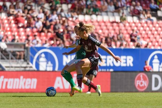 Emma Kusch (9 1. FC Nuremberg) and Nina Luehrssen (27 SV Werder Bremen) during the Google Pixel Frauen Bundesliga match between 1. FC Nuremberg and SV Werder Bremen at Max-Morlock-Stadium, Nuremberg, Germany. (Sven Beyrich SPP) Copyright: xSvenxBeyrich SPPx spp-en-SvBe-20230916-D75_7953