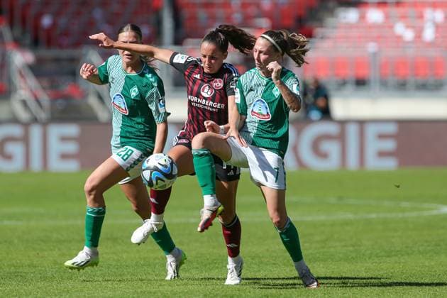 f l Elena Mühlemann 1 FC Nürnberg, 14 and Lisa Josten SV Werder Bremen, 7 in duel, duel, dynamic, action, game scene, THE DFB REGULATIONS PROHIBIT ANY USE OF PHOTOGRAPHS AS IMAGE SEQUENCES AND OR QUASI VIDEO , 16 09 2023, Nuremberg Germany , Football, Google Pixel Womens Bundesliga, 1 FC Nürnberg SV Werder Bremen xobx