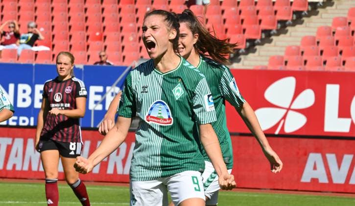 16 09 2023 football season 2023 2024 1 women football Bundesliga 01 matchday 1 FC Nürnberg FCN club SV Werder Bremen SVW sport photo zinc xwoxzix goal celebration joy after goal goal shot to 1 1 by Sopie Weidauer 9, SV Werder Bremen