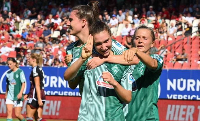 16 09 2023 football season 2023 2024 1 women football Bundesliga 01 matchday 1 FC Nürnberg FCN club SV Werder Bremen SVW sports photo zinc xwoxzix goal celebration joy after scoring goal to 1 1 by Sopie Weidauer 9, SV Werder Bremen Chiara Hahn 21, SV Werder Bremen Sopie Weidauer 9, SV Werder Bremen Ricarda Walkling 13, SV Werder Bremen