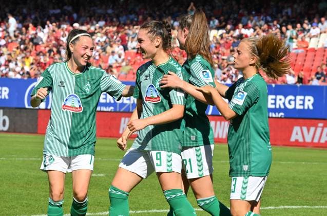 16 09 2023 football season 2023 2024 1 women football Bundesliga 01 matchday 1 FC Nürnberg FCN club SV Werder Bremen SVW sport photo zinc xwoxzix goal celebration joy after goal goal shot to 1 1 by Sopie Weidauer 9, SV Werder Bremen