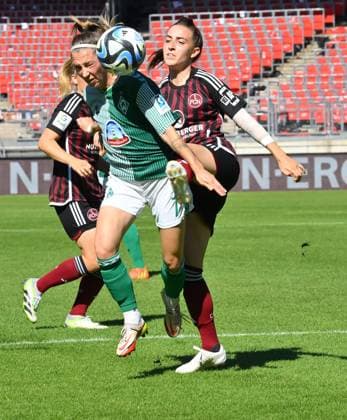 16 09 2023 football season 2023 2024 1 women football Bundesliga 01 matchday 1 FC Nürnberg FCN club SV Werder Bremen SVW Sportfoto Zink xwoxzix Lisa Josten 7, SV Werder Bremen Rebekka Salfelder 15, 1 FC Nürnberg FCN