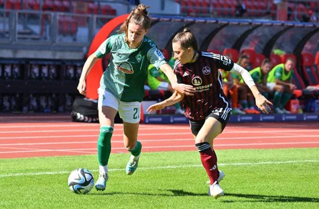 16 09 2023 football season 2023 2024 1 women football Bundesliga 01 matchday 1 FC Nürnberg FCN club SV Werder Bremen SVW Sportfoto Zink xwoxzix Chiara Hahn 21, SV Werder Bremen Rebekka Salfelder 15, 1 FC Nürnberg FCN