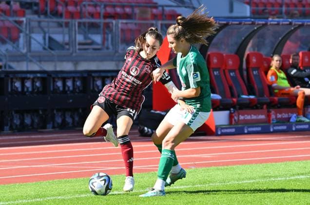 16 09 2023 football season 2023 2024 1 women football Bundesliga 01 matchday 1 FC Nürnberg FCN club SV Werder Bremen SVW sports photo zinc xwoxzix Rebekka Salfelder 15, 1 FC Nürnberg FCN Chiara Hahn 21, SV Werder Bremen