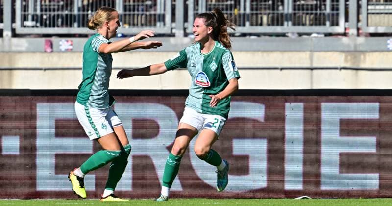 16 09 2023 football season 2023 2024 1 women football Bundesliga 01 matchday 1 FC Nürnberg FCN club SV Werder Bremen SVW sports photo zinc xwoxzix goal celebration joy after goal goal shot to 1 2 by Lina Hauicke 18, SV Werder Bremen Lina Hauicke 18, SV Werder Bremen Chiara Hahn 21, SV Werder Bremen