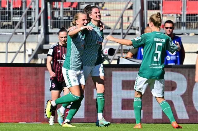 16 09 2023 football season 2023 2024 1 women football Bundesliga 01 matchday 1 FC Nürnberg FCN club SV Werder Bremen SVW sports photo zinc xwoxzix goal jubilation joy after goal goal shot to 1 2 by Lina Hauicke 18, SV Werder Bremen
