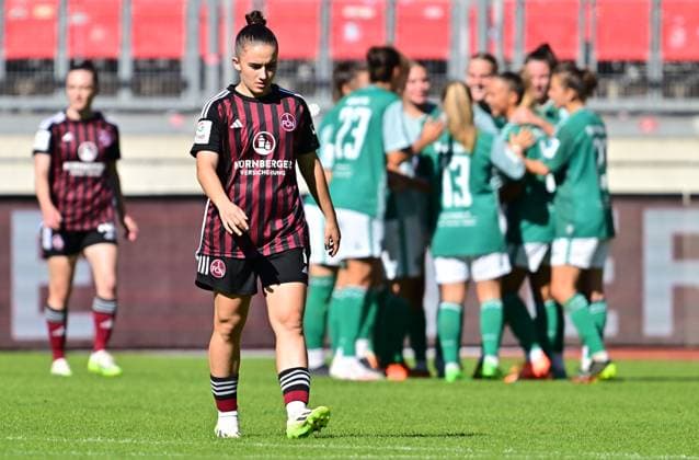 16 09 2023 football season 2023 2024 1 women football Bundesliga 01 matchday 1 FC Nürnberg FCN club SV Werder Bremen SVW sports photo zinc xwoxzix goal celebration joy after goal goal shot to 1 2 by Lina Hauicke 18, SV Werder Bremen Marina Scholz 7, 1 FC Nürnberg FCN disappointed disappointment