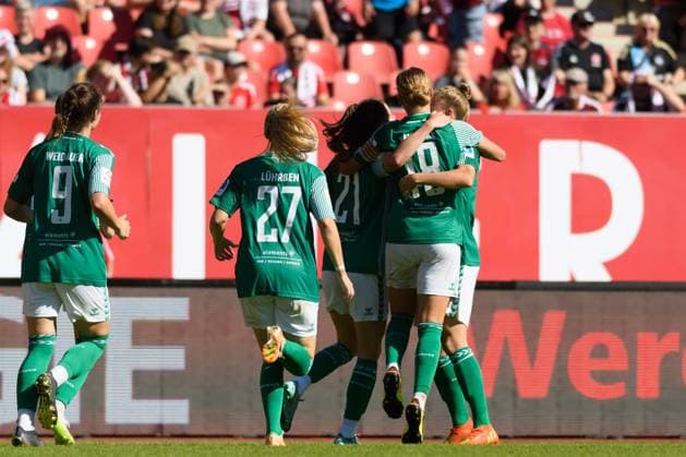 Players of Werder celebrating the second goal during the Google Pixel Frauen Bundesliga match between 1. FC Nuremberg and SV Werder Bremen at Max-Morlock-Stadium, Nuremberg, Germany. (Sven Beyrich SPP) Copyright: xSvenxBeyrich SPPx spp-en-SvBe-20230916-ND5_1244