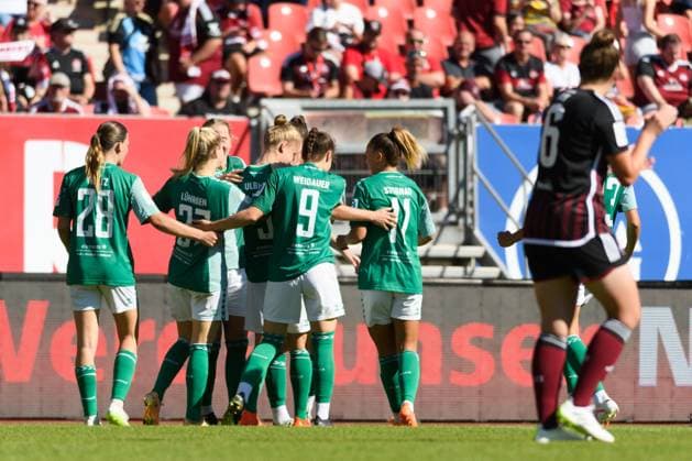 Players of Werder celebrating the second goal during the Google Pixel Frauen Bundesliga match between 1. FC Nuremberg and SV Werder Bremen at Max-Morlock-Stadium, Nuremberg, Germany. (Sven Beyrich SPP) Copyright: xSvenxBeyrich SPPx spp-en-SvBe-20230916-ND5_1246