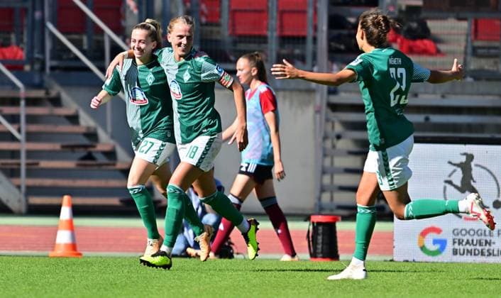 16 09 2023 football season 2023 2024 1 women football Bundesliga 01 matchday 1 FC Nürnberg FCN club SV Werder Bremen SVW sports photo zinc xwoxzix goal celebration joy after goal goal shot to 1 3 by Lina Hauicke 18, SV Werder Bremen Nina Lührßen Luehrssen 27, SV Werder Bremen Lina Hauicke 18, SV Werder Bremen