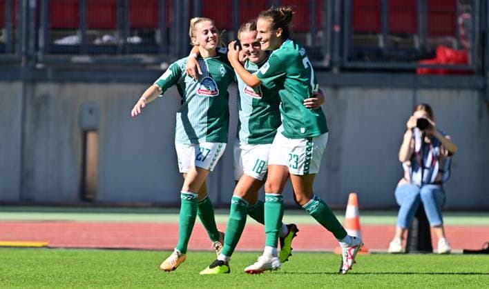 16 09 2023 football season 2023 2024 1 women football Bundesliga 01 matchday 1 FC Nürnberg FCN club SV Werder Bremen SVW sports photo zinc xwoxzix goal celebration joy after goal goal shot to 1 3 by Lina Hauicke 18, SV Werder Bremen Nina Lührßen Luehrssen 27, SV Werder Bremen Lina Hauicke 18, SV Werder Bremen Hanna Nemeth 23, SV Werder Bremen