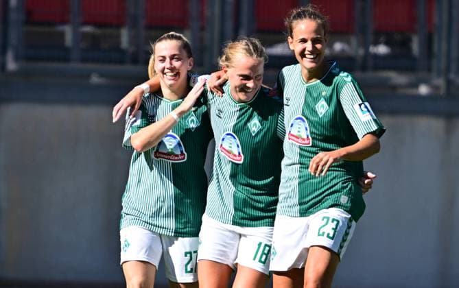 16 09 2023 football season 2023 2024 1 women football Bundesliga 01 matchday 1 FC Nürnberg FCN club SV Werder Bremen SVW sports photo zinc xwoxzix goal celebration joy after goal goal shot to 1 3 by Lina Hauicke 18, SV Werder Bremen Nina Lührßen Luehrssen 27, SV Werder Bremen Lina Hauicke 18, SV Werder Bremen Hanna Nemeth 23, SV Werder Bremen