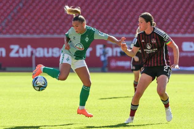 f l Maja Sternad SV Werder Bremen, 11 and Lara Schmidt 1 FC Nürnberg, 27 in duel, duel, dynamic, action, game scene, THE DFB REGULATIONS PROHIBIT ANY USE OF PHOTOGRAPHS AS IMAGE SEQUENCES AND OR QUASI VIDEO , 16 09 2023, Nuremberg Germany , Football, Google Pixel Womens Bundesliga, 1 FC Nürnberg SV Werder Bremen xobx
